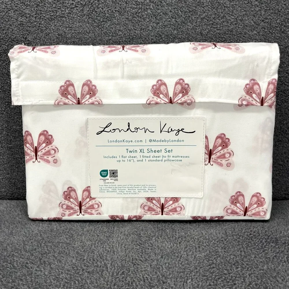 London Kaye TWIN XL Sheet Set White Pink Butterfly 4pc‎